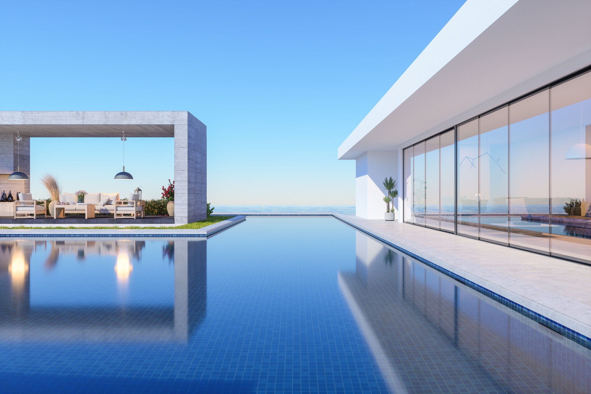 Luxury Villa Exterior With Infinity Pool And Seaview